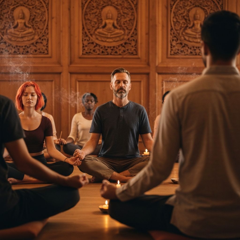 Comunidad en meditación grupal en el monasterio